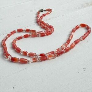 Vintage Red Givre Glass Elongated Beaded Necklace 30” Single Strand